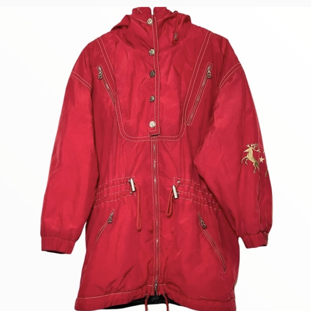 Bogner reindeer 80s vintage ski jacket long red Christmas holiday size small